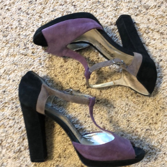 Beverly Feldman Purple and Black T-Strap Heels - Picture 1 of 11